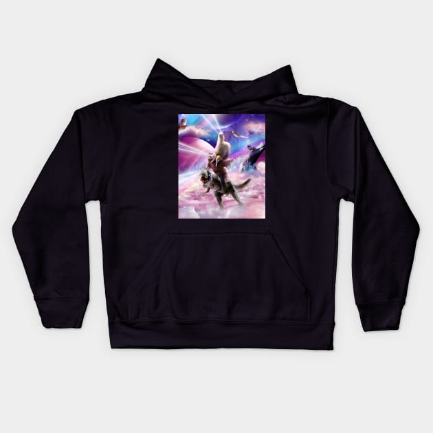 Laser Eyes Space Llama On Sloth Dinosaur - Rainbow Kids Hoodie by Random Galaxy